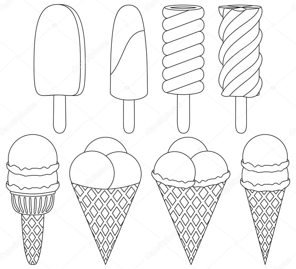 Ice cream cone black and white icon set 8 elements. Coloring book page for adults and kids. Summer fast food vector illustration for gift card, flyer, certificate or banner, icon, logo, patch, sticker
