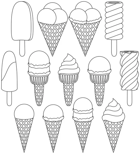 Conjunto de iconos de helado blanco y negro 13 elementos . — Archivo Imágenes Vectoriales