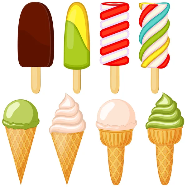 Σετ κώνου παγωτού popsicle πολύχρωμο καραμέλα γλυκό. — Διανυσματικό Αρχείο