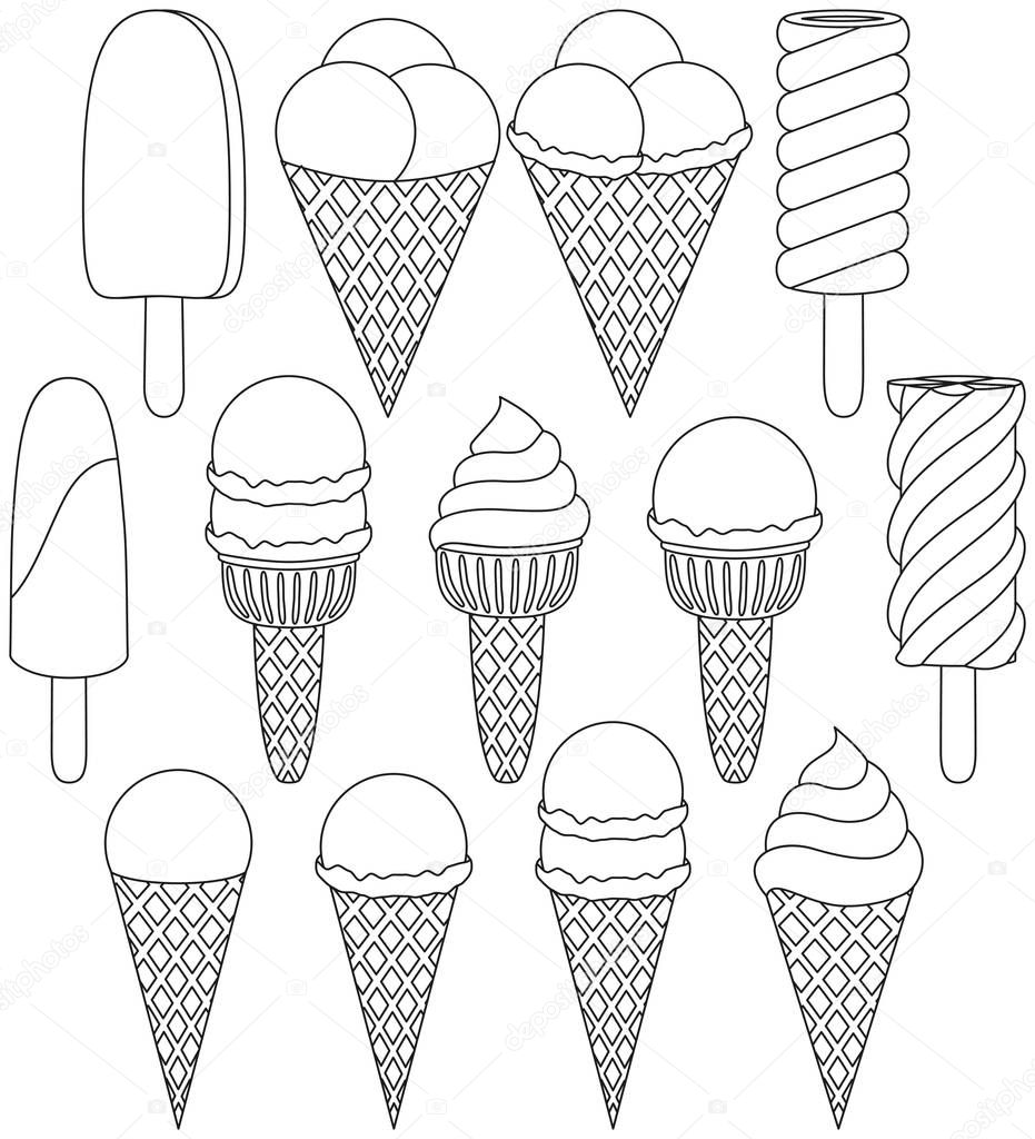Black and white Ice cream cone icon set 13 elements. Coloring book page for adults and kids. Summer fast food vector illustration for gift card, flyer, certificate or banner, icon logo, patch, sticker
