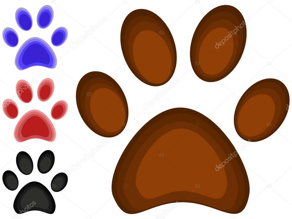 Colorful cartoon cat paw footprint icon set poster. Pet themed vector illustration for gift card, flyer, certificate or banner, icon, logo, patch, sticker