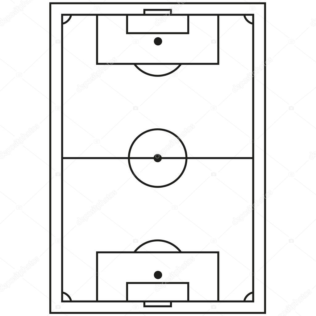 Line art black and white soccer field icon.