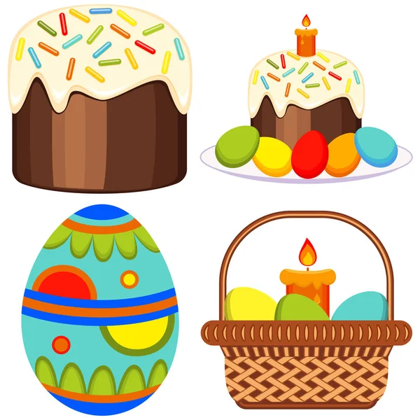 Conjunto de ícone de bolo de cesta de ovo de vela de Páscoa colorida . — Vetor de Stock