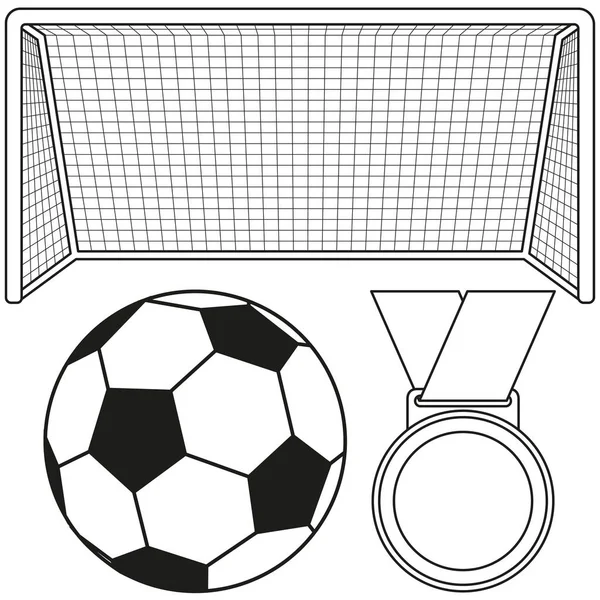 Bola de futebol preto e branco, portão, conjunto de ícones de medalha . —  Vetores de Stock