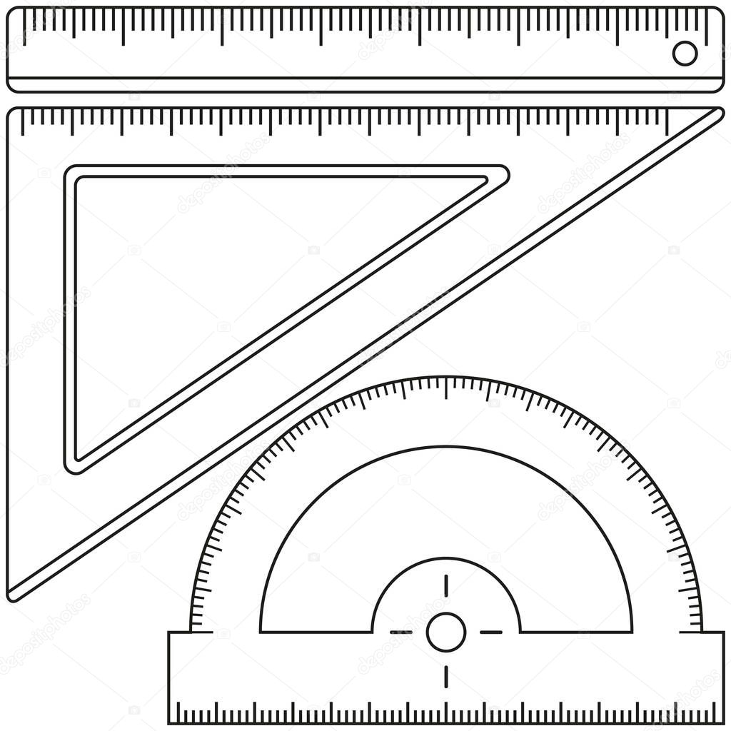 Line art black and white angle protractor straightedge ruler set. Education theme vector illustration for certificate banner sticker, badge, sign, stamp, logo, label, icon, poster, patch, sticker