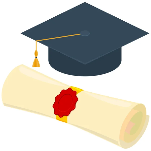 Colorato cartone animato diploma scroll graduazione cappello set — Vettoriale Stock