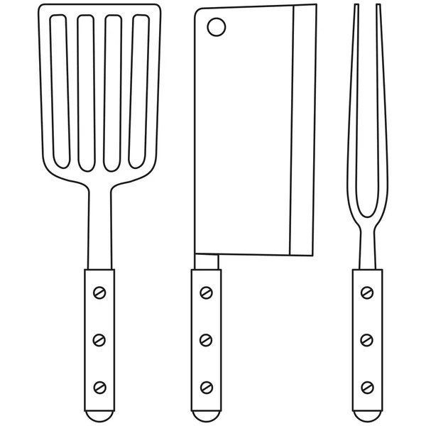 Line art black and white bbq cutlery set — Stock Vector