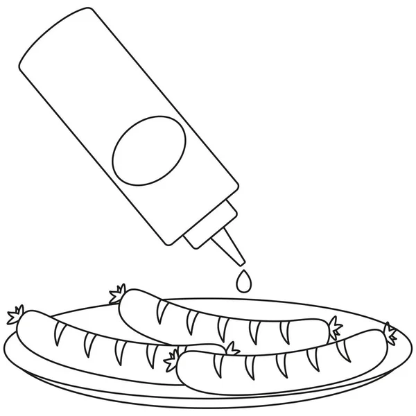 Linha arte preto e branco salsicha ketchup mostarda — Vetor de Stock