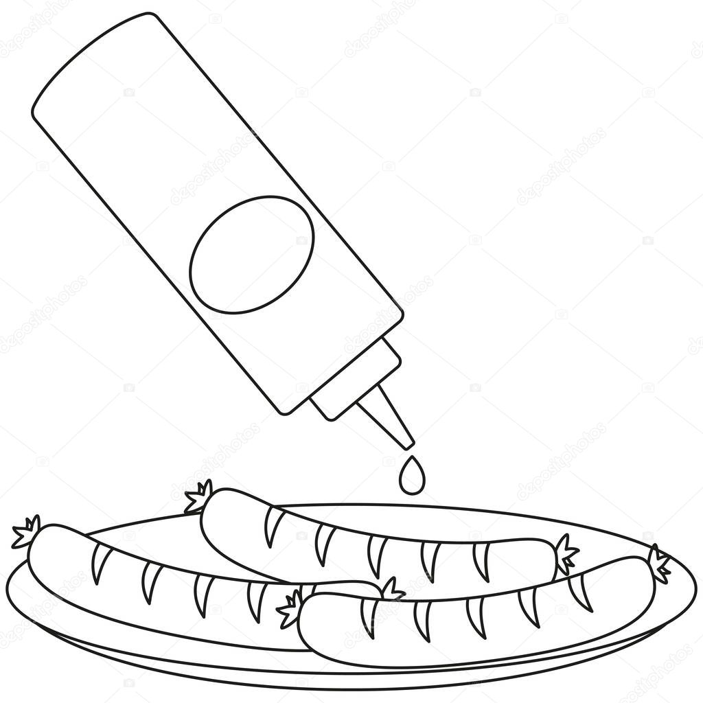 Line art black and white sausage plate ketchup mustard. Food themed vector illustration for gift card certificate sticker, badge, sign, stamp, logo, label, icon, poster, patch