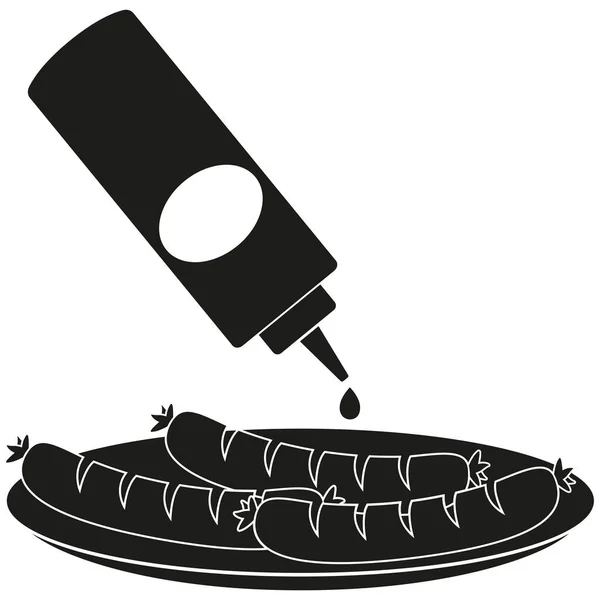 Zwart-wit worst ketchup mosterd silhouet — Stockvector