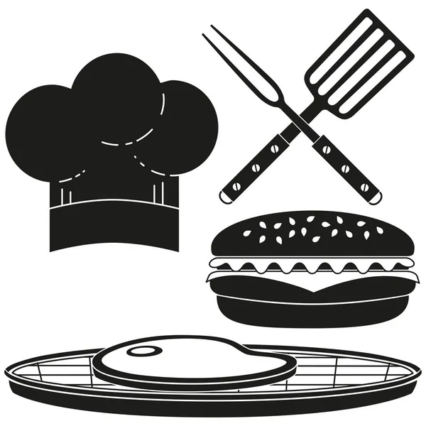 Svart och vitt burger matlagning siluett inställd. — Stock vektor