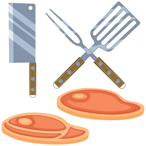 Colorido juego de cocina de bistec de dibujos animados — Vector de stock