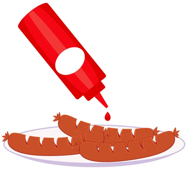 Kleurrijke cartoon worst ketchup mosterd plaat — Stockvector