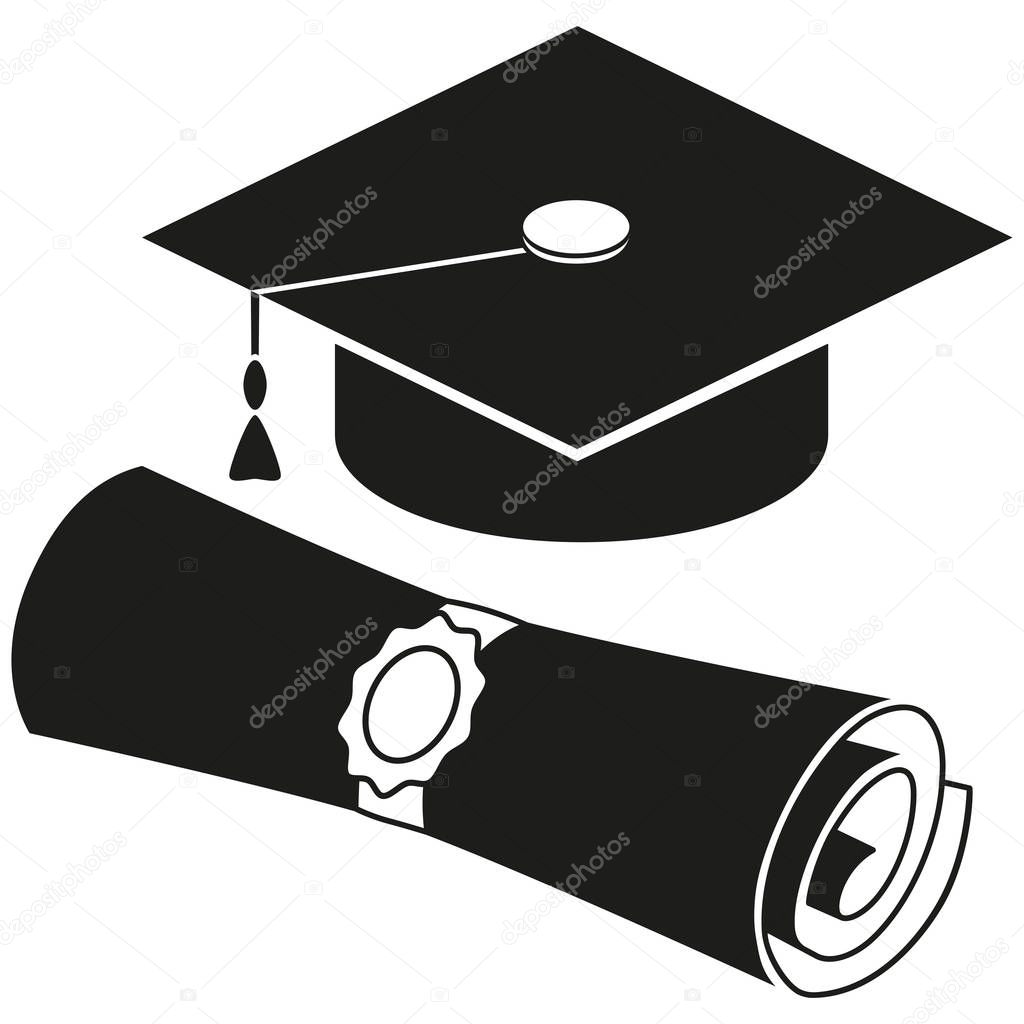 Black and white diploma scroll graduation hat silhouette set. Graduation vector illustration for gift card certificate sticker, badge, sign, stamp, logo, label, icon, poster, patch