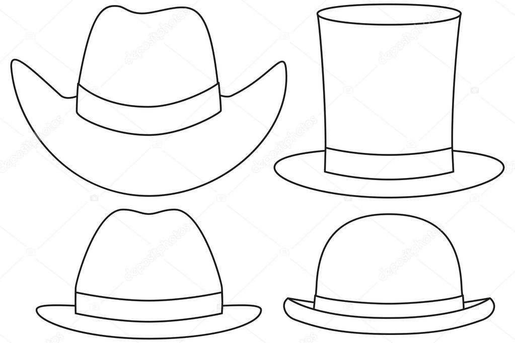 Line art black and white hat set 4 element. Hipster themed vector illustration for gift card certificate sticker, badge, sign, stamp, logo, label, icon, poster, patch, banner invitation