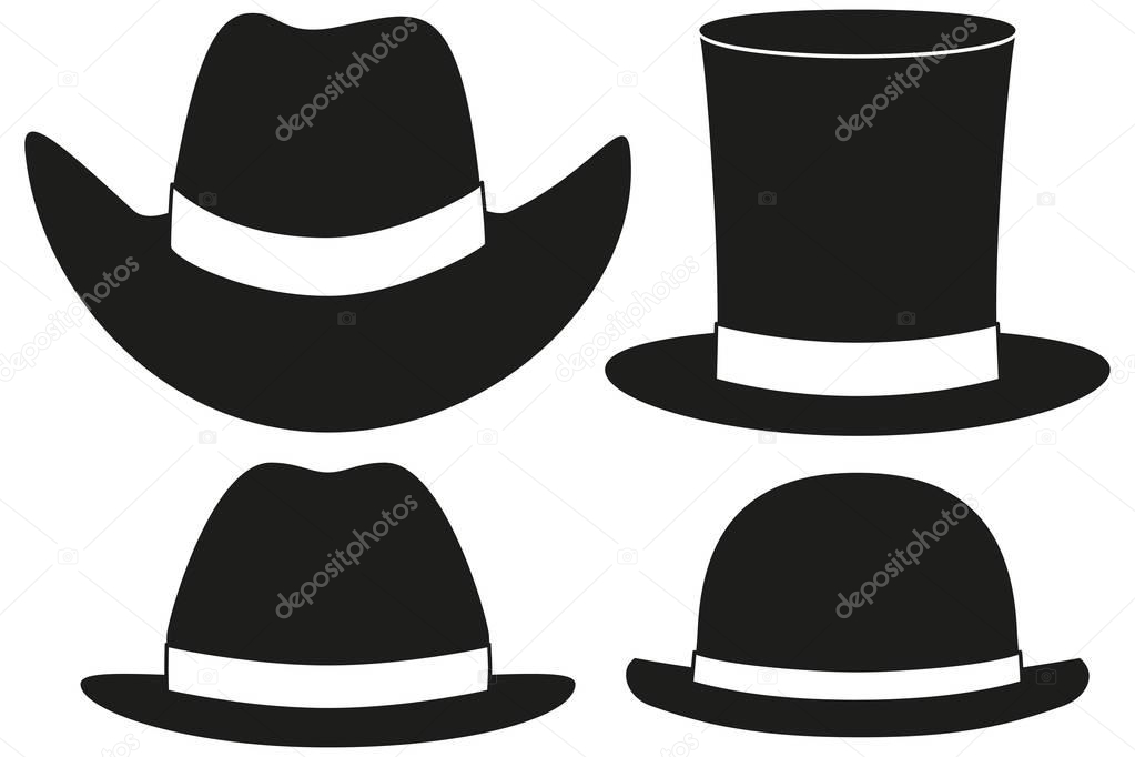Black and white hat silhouette set 4 element. Hipster themed vector illustration for gift card certificate sticker, badge, sign, stamp, logo, label, icon, poster, patch, banner invitation