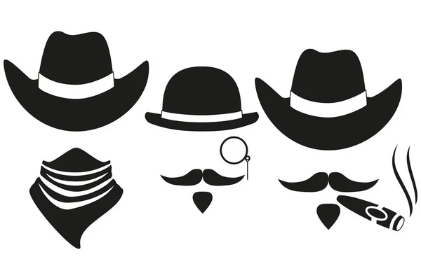 Preto e branco 3 avatares de silhueta de cowboy — Vetor de Stock