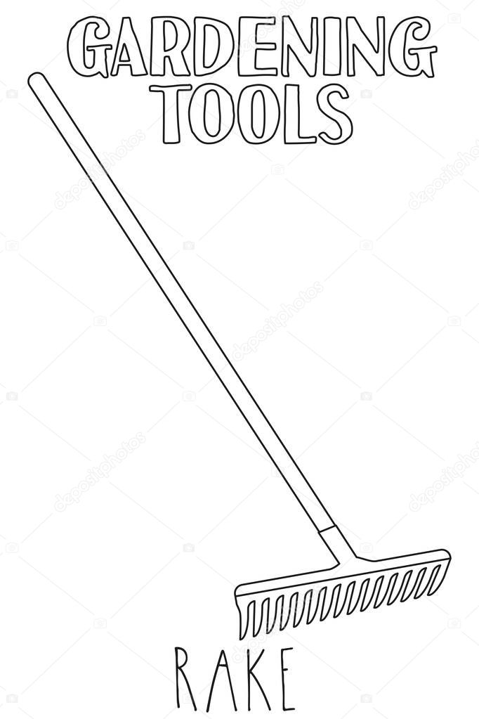 Line art black and white rake. Coloring book page for adults and kids. Garden tool vector illustration for gift card certificate sticker, badge, sign, stamp, logo, label, icon, poster, banner