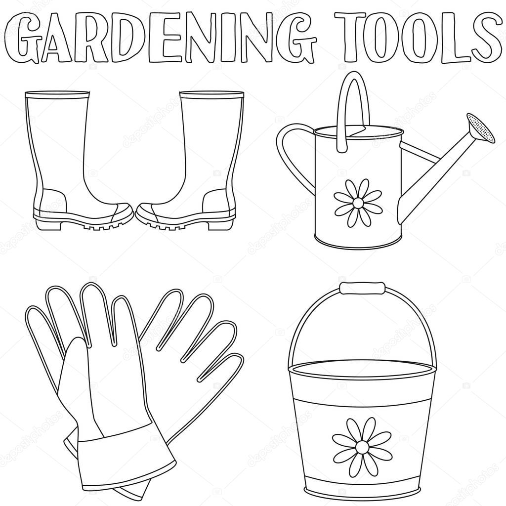 Black and white garden watering 4 elements set. Coloring book page for adults and kids. Gardening tool vector illustration for gift card certificate sticker, label, icon, poster, patch, invitation