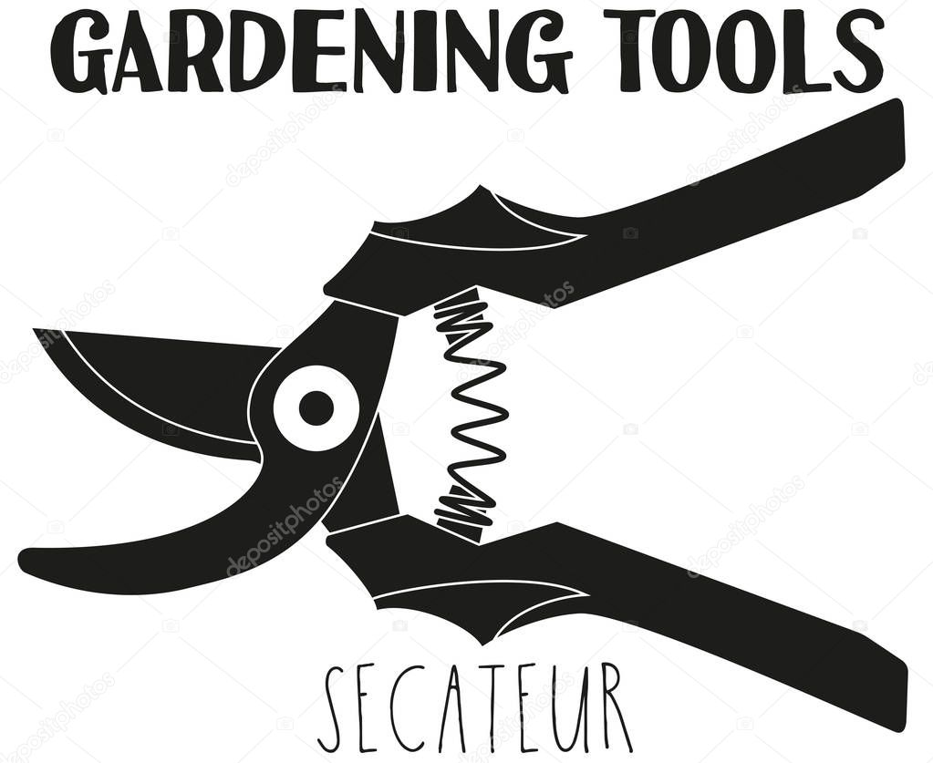 Black and white secateur silhouette. Garden tool vector illustration gift card certificate sticker, badge, sign, stamp, logo, label, icon, poster, patch, banner invitation