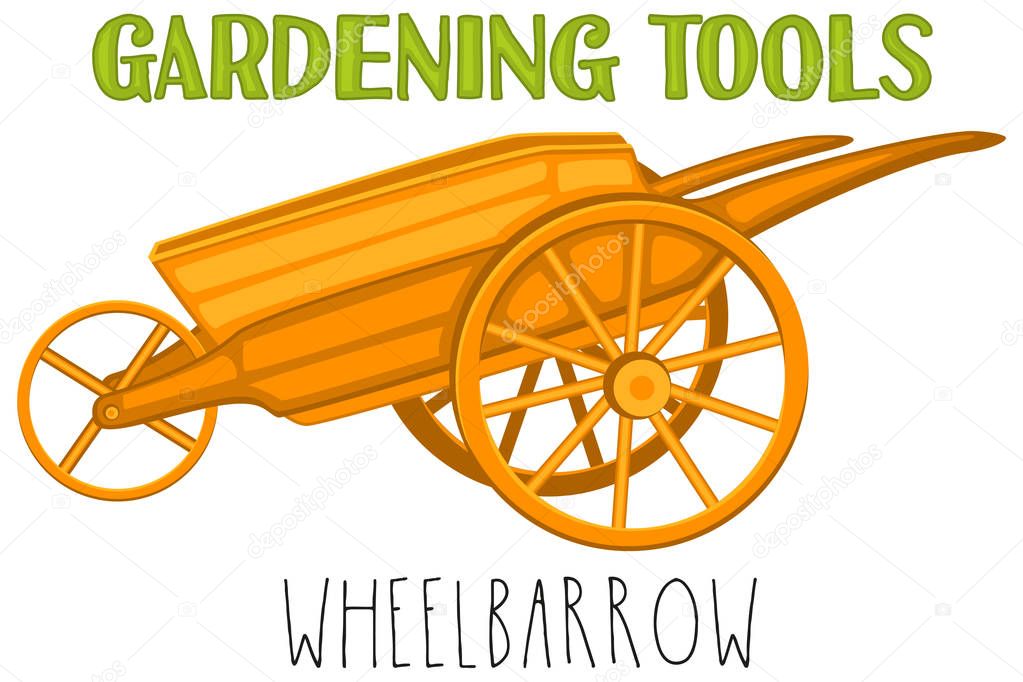 Bright colorful cartoon wheelbarrow. Garden tool vector illustration gift card certificate sticker, badge sign, stamp, logo, label, icon, poster, patch, banner invitation