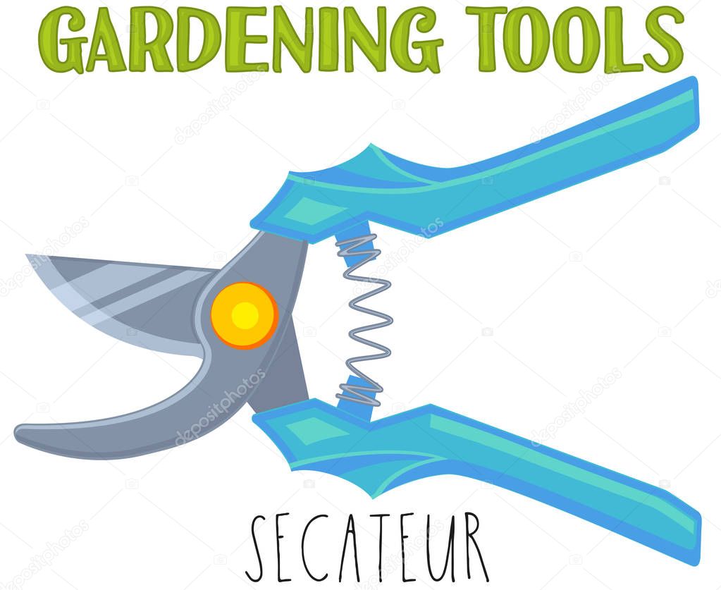 Bright colorful cartoon secateur. Garden tool vector illustration gift card certificate sticker, badge sign, stamp, logo, label, icon, poster, patch, banner invitation
