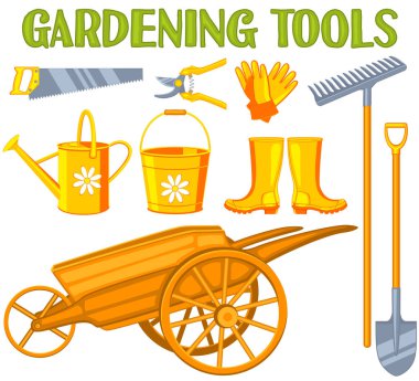 Parlak renkli karikatür Bahçe 9 öğeleri ayarlayın. Sarı Bahçe aletleri vektör illüstrasyon hediye kartı sertifika etiket, rozet, etiket, poster, yama, afiş davet