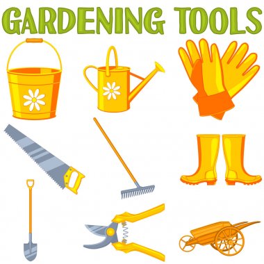 Parlak renkli karikatür Bahçe simge 9 öğeler kümesi. Sarı Bahçe aletleri vektör illüstrasyon hediye kartı sertifika etiket, rozet, etiket, poster, yama, afiş davet
