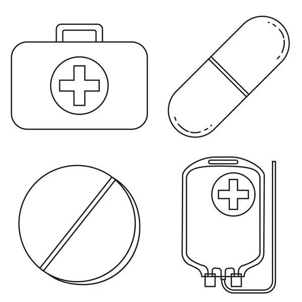 Set di contenuti kit di pronto soccorso in bianco e nero Line art — Vettoriale Stock