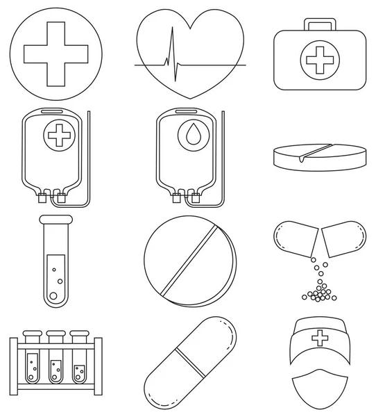 Ligne art noir et blanc médical 12 icône ensemble . — Image vectorielle