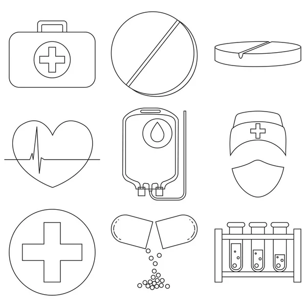 Line art black and white medical 9 icon set. — Stock Vector