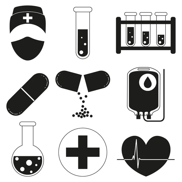 Set di 9 icone mediche in bianco e nero . — Vettoriale Stock