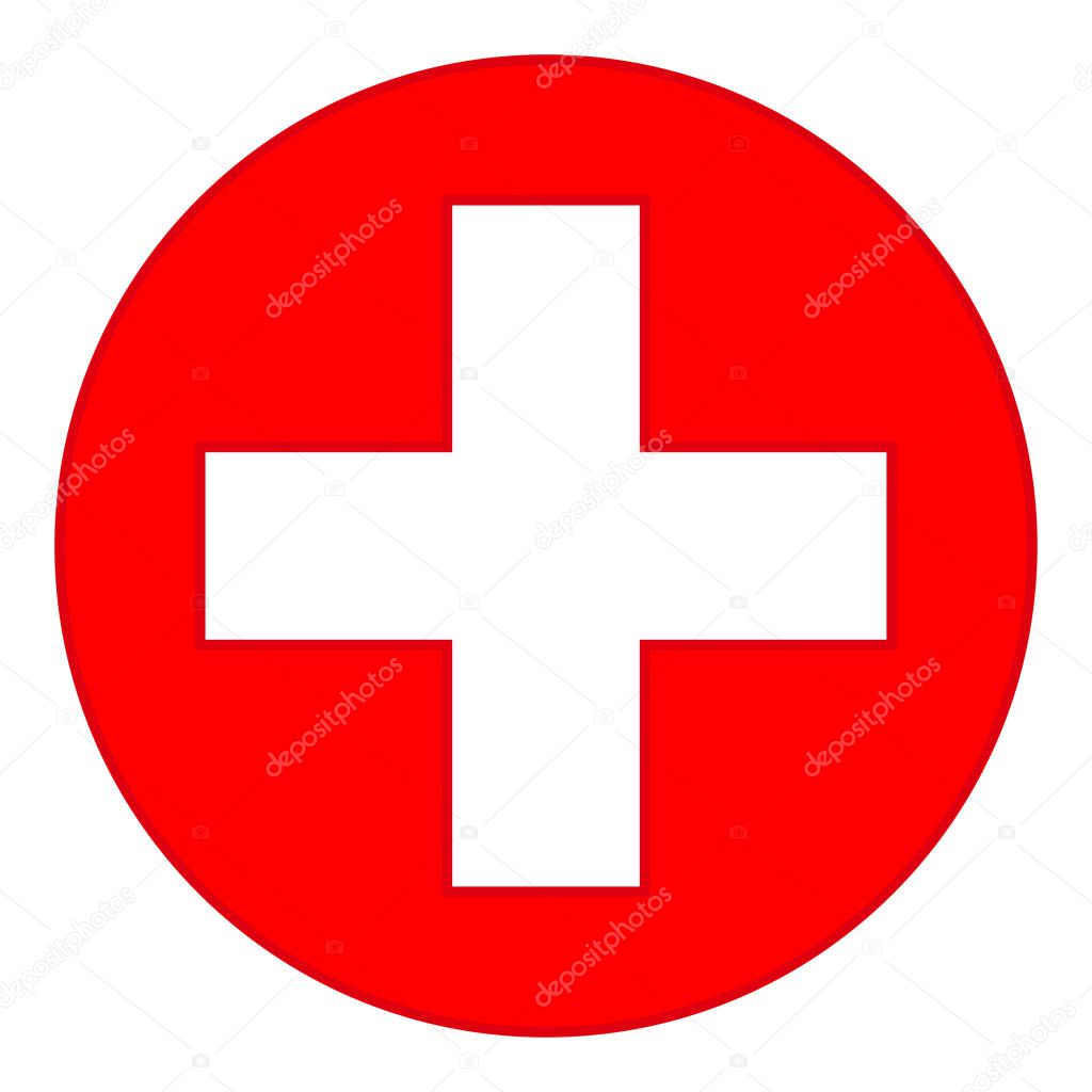 Colorful red medical cross symbol. Healthcare themed vector illustration for icon, sticker, sign, patch, certificate badge, gift card, stamp logo, label, poster, web banner