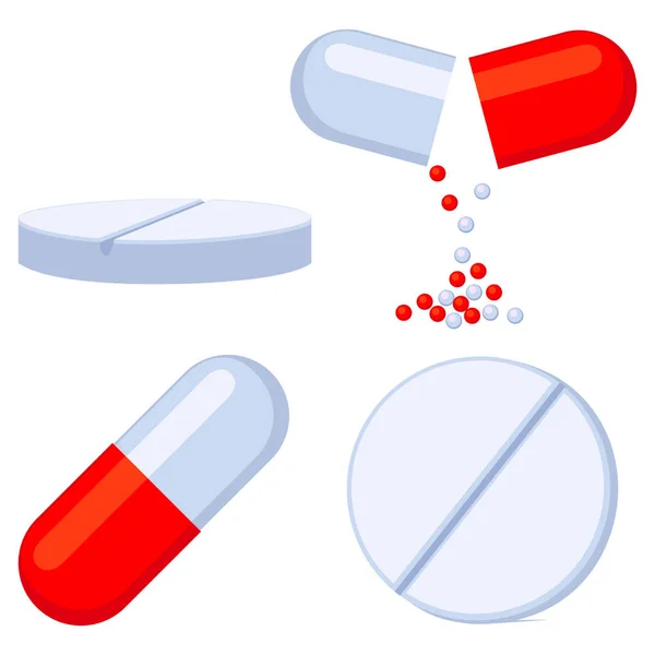 Cartone animato colorato e set di farmaci medici bianchi . — Vettoriale Stock