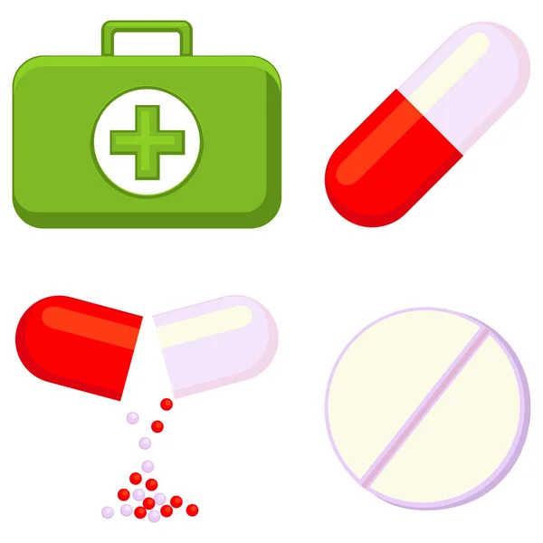 Colorful cartoon first aid kit content set — Stock Vector