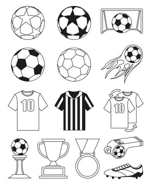Preto e branco futebol 14 elementos conjunto —  Vetores de Stock