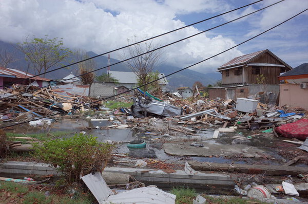 PALU, INDONESIA - OCTOBER 11th, 2018: Houses and buildings were seen destroyed by the earthquake and tsunami that hit the city in Palu, Central Sulawesi, on October 11th, 2018.
