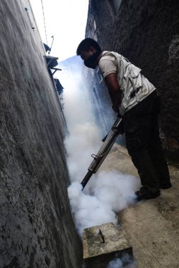 Jakarta, Endonezya - 5 Kasım 2014: Dang 'ı, Aedes aegypti sivrisineğini ya da Endonezya' nın Jakarta kentinde güneş patlaması olan üfleme makinesi kullanan Zika virüslerini önlemek için sis bulutu