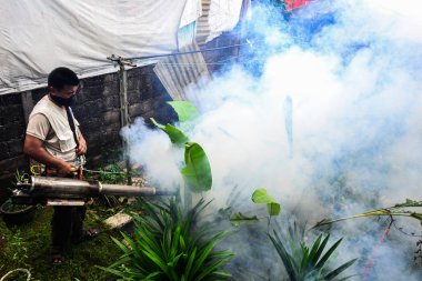 Jakarta, Endonezya - 5 Kasım 2014: Dang 'ı, Aedes aegypti sivrisineğini ya da Endonezya' nın Jakarta kentinde güneş patlaması olan üfleme makinesi kullanan Zika virüslerini önlemek için sis bulutu