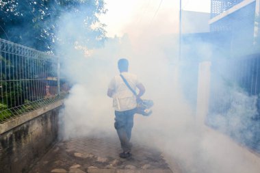 Jakarta, Endonezya - 5 Kasım 2014: Dang 'ı, Aedes aegypti sivrisineğini ya da Endonezya' nın Jakarta kentinde güneş patlaması olan üfleme makinesi kullanan Zika virüslerini önlemek için sis bulutu