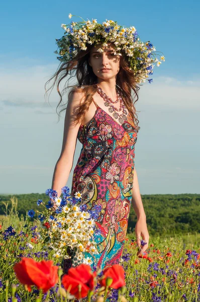 Çiçek çelenk kızla. Bir çelenk yaz çiçek niteliğine Ukraynalı kız güzel yüzü.