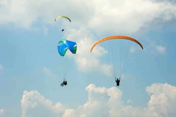 Yaz güneşli gün üç Yamaçparaşütü sinek. Karpatlar, Ukrayna. — Stok fotoğraf