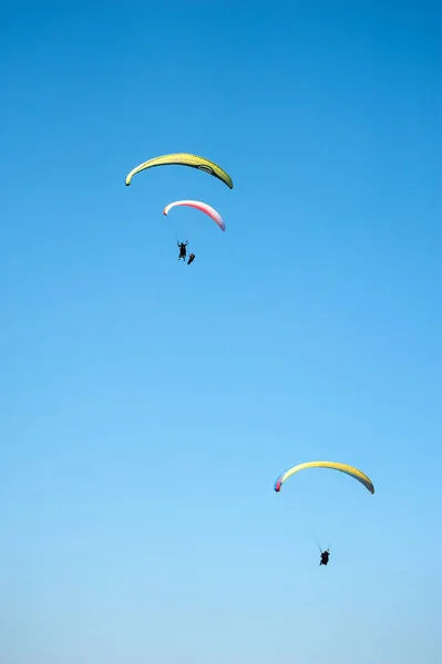 Três parapente voar no verão dia ensolarado. Cárpatos, Ucrânia . — Fotografia de Stock