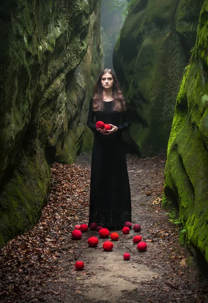 Bir esmer siyah elbiseli, kayaların duruyor ve elinde tutar portresi.