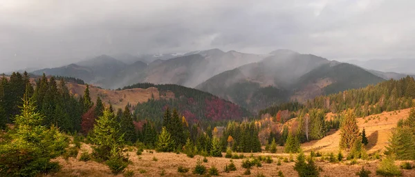 Paisaje con colorido bosque iluminado por la luz del sol en las montañas. Senderismo Viajes Concepto de estilo de vida hermosas montañas paisaje en el fondo .. — Foto de Stock