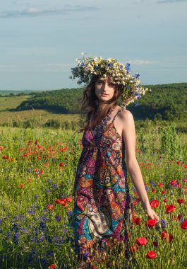 Çiçek çelenk kızla. Bir çelenk yaz çiçek niteliğine güzel Ukraynalı kız portresi. Haşhaş alanla gurl.
