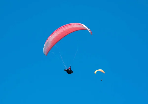 Två paragliders flyger i himlen i soliga dag. — Stockfoto