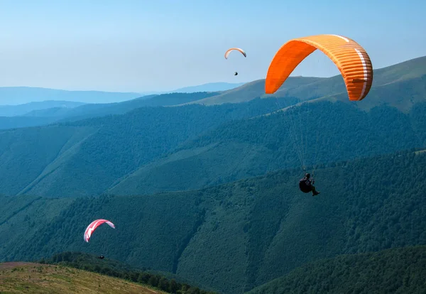 Trois parapentistes survolent une vallée de montagne par une journée ensoleillée en été dans les Carpates en Ukraine . — Photo