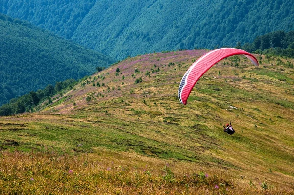 Un parapente survole une vallée de montagne par une journée ensoleillée en été dans les Carpates en Ukraine . — Photo