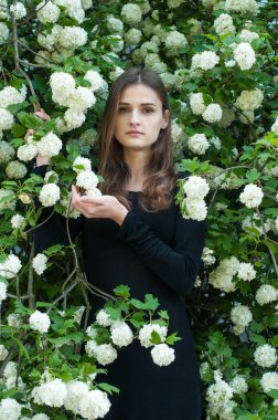 Bahar sezonu açan, arka plan beyaz kartopu genç kız.